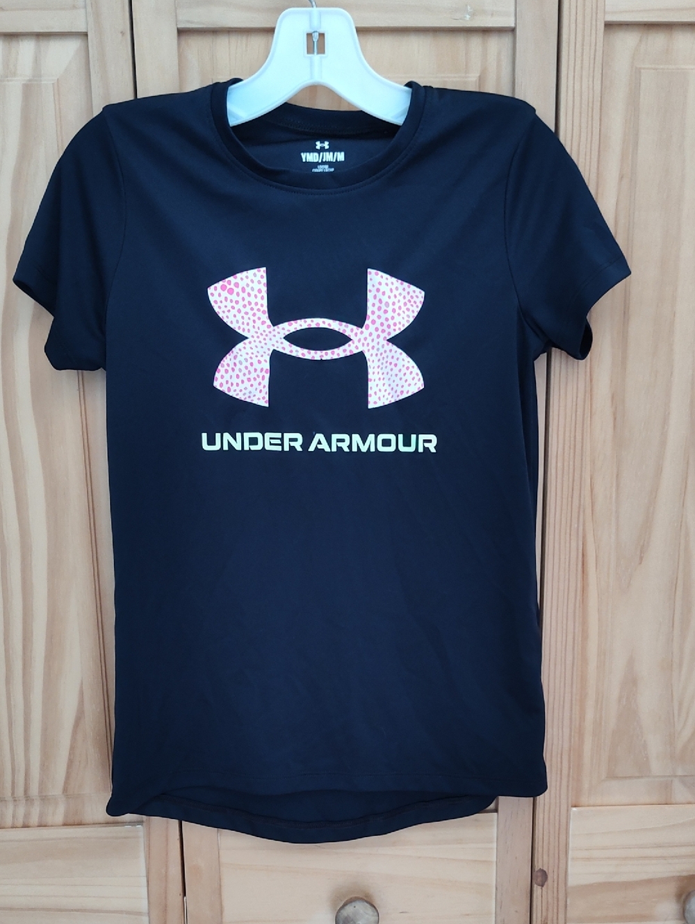 Under Armour Black Tee with Pink Patterned Logo, Size M